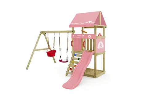 Wickey Klettergerüst DinkyHouse – Spielturm für Kleinkinder - Schaukeln – Robuster Kletterturm mit vielen Erweiterungsmodulen, inklusive Sandkasten und Wellenrutsche, für unvergessliche Erlebnisse im Garten, 10 Jahre Garantie*