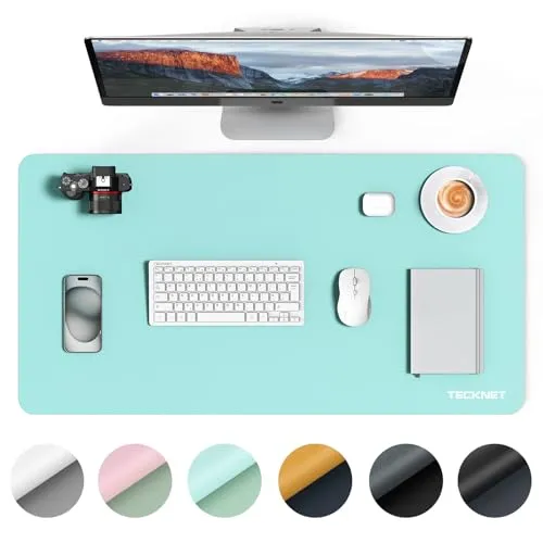 TECKNET Schreibtischunterlage, 80 x 40cm Große Tischschutzpolster, wasserdichte Laptop Desk Mat,PU Leder Tischunterlage, Abwischbar Doppelseitige Schreibunterlage für Büro/Zuhause(Hellblau/Hellgrün)