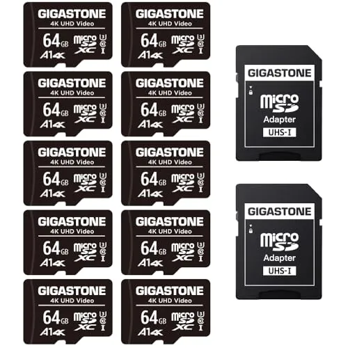 GIGASTONE 64GB MicroSDHC Speicherkarte 10er-Pack + SD Adapter, für Action-Kamera, GoPro, Drohne und Tablet, Lesegeschwindigkeit bis zu 90MB/s, Full HD-Videoaufnahme, Micro SD Karte UHS-I Klasse 10 U1