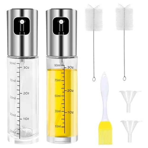 Diompirux 2 pezzi 100ml Ölsprüher zum Kochen, Sprühflasche Küchen Gadgets für Speiseöl, Transparen Glas Ölspray Zum Kochen, mit 2Reinigungsbürsten, 1Ölbürste, 2Trichter enthalten, für Kochen, Grill