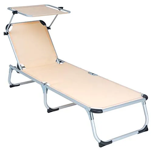 Divero Gartenliege Sonnenliege mit Dach 187x57x30 cm klappbar 5fach verstellbar Aluminiumrahmen Dreibeinliege wetterfest robust Keret (Beige)
