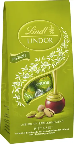 Lindt LINDOR Beutel Pistazie | 137g | Zartschmelzende Schokoladenkugeln mit Pistazien-Creme-Füllung