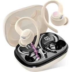 Bluetooth 5.3 Sport Kopfhörer mit Ohrbügel, 40H Spielzeit, HD Mikrofon, Dual LED Display, IP7 Wasserschutz, Komfort In-Ear Headset - Beige