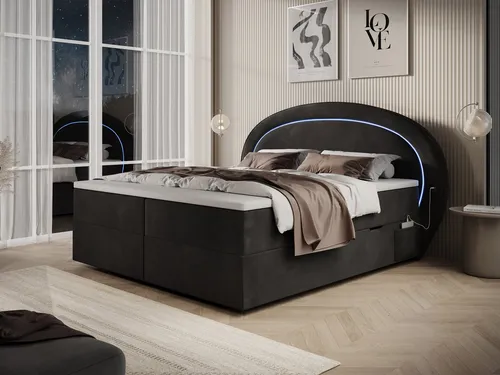 wonello Boxbett Orion, Schwarz, 160x200 cm, mit LED-Beleuchtung - Einzigartiges Boxbett mit rundem Kopfteil und praktischen Bettkasten. Inklusive hochwertigem Premium-Topper für optimalen Schlafkomfort. Ideal für stilvolle Schlafzimmergestaltungen.