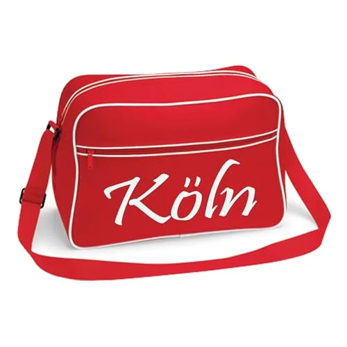 multifanshop Retrotasche Köln - Rot/Weiß mit hochwertigem Druck - Klassische Sporttaschen, hochwertige Retrotasche mit verstellbarem Schultergurt und langlebigem Druck - ideal für Köln-Fans!