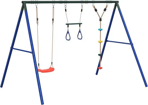vidaXL Schaukel-Set mit Schaukelsitz, Trapez und Kletterschaukel - Gestalte den Garten zum Spielparadies! Diese vielseitige Schaukel bietet 3 Spielmöglichkeiten und fördert spielerisch die Koordination und Beweglichkeit. Robustes Metallgestell für hohe Stabilität und Sicherheit. Ideal für Kinder von 3-10 Jahren.