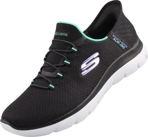 Skechers Summits Damen Sneaker in Blackmesh-Turquoise-Purpletrim, Größe 37 - Sneaker im Hands Free Slip-ins Design für müheloses Anziehen; atmungsaktives Mesh-Obermaterial und Heel Pillow Konstruktion für optimalen Halt und Komfort.