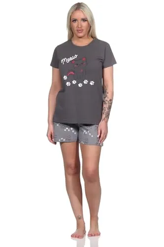 Damen Shorty Pyjama, niedlicher Schlafanzug mit Katzen-Motiv - 122 205 10 751, Farbe:dunkelgrau, Größe:44-46