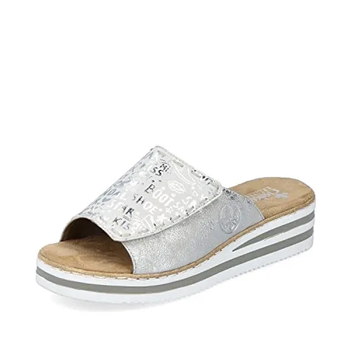 Rieker Damen Slipper V0290 - Elegante Slip-ons für jede Gelegenheit - Slipper & Mokassins für Damen, mit schickem Silber-Platin Design und bequemem Klettverschluss für einfaches An- und Ausziehen.