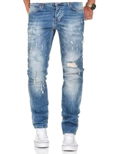 REPUBLIX Herren Männer Regular Straight Fit Destroyed Jeans Hose R7500 Hellblau W36/L32