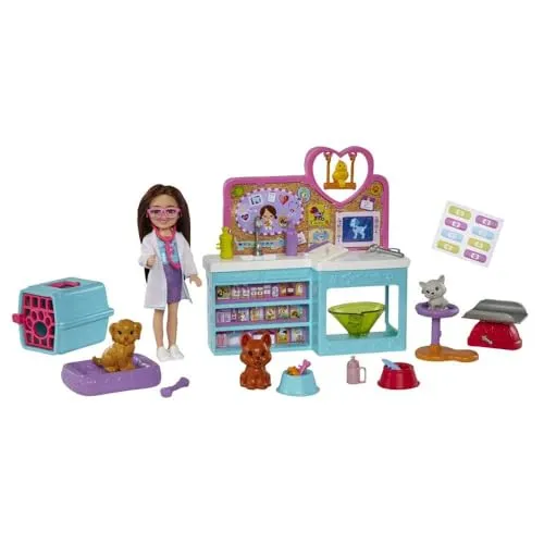 Barbie Chelsea Can Be Serie, Tierärztin Chelsea Puppe mit braunen Haaren, Tierklinik Spielset, 4 Spieltiere, Zubehör, 12+ Teile inkl. Dalmatiner, Geschenk für Kinder ab 3 Jahren,HGT12