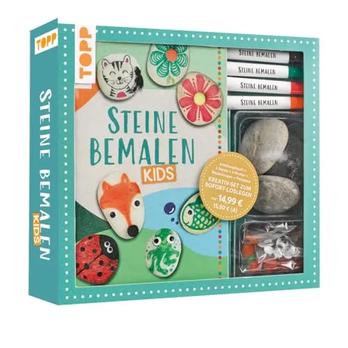 Kreativ-Set: Steine bemalen Kids mit Wackelaugen, Pompons, Anleitungsbuch & Material: Buch (32 S., DIN A5, Softcover), 3 Steine, Marker mit 2 Spitzen in Rot, Blau, Grün, Schwarz, Wackelaugen, Pompons