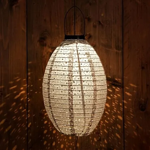 LED Solar Lampion oval grau aus Polyester - 32 cm - Garten Deko Beleuchtung warm weiß - Solarleuchte Laterne Leuchtkugel Dekoleuchte Partylicht für Außen wetterfest