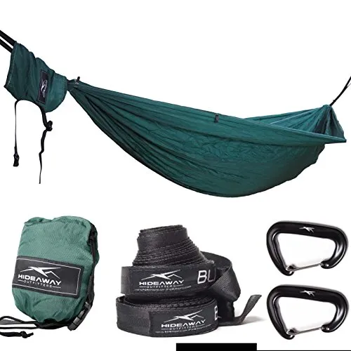 Outdoor Reise Camping Doppel Hängematte 2 Personen aus atmungsaktiver Fallschirmseide - Set mit Montagematerial (Unicolor GRÜN 3mm Diamond Nylon)