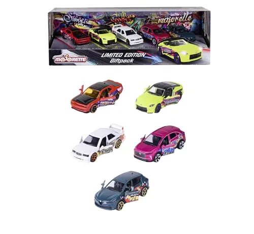 Majorette Auto-Set Limited Edition 11 im Graffiti-Look (5 Autos) - 5 Modellautos aus Metall mit Freilauf, Federung & zu öffnendem Teil, Spielzeugautos für Sammler und Kinder ab 3 Jahre, je 7,5 cm