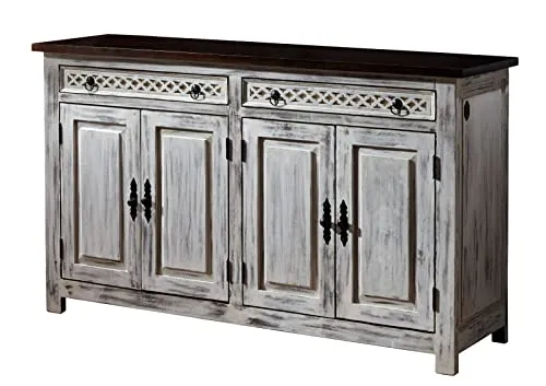 Sideboard CASTLE-ANTIK #261 - Elegante Anrichte aus Massivholz - Kommode aus Akazie und Mangoholz, freistehend und montiert, ideal für romantische Wohnräume mit 2 Schubladen und weißer Farbgebung.