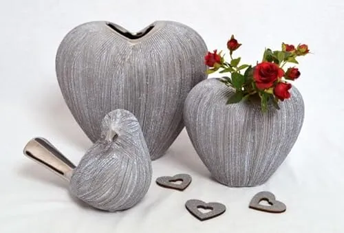 Keramik Herz-Vase Vulcanos grau-Silber glänzend ca. 16 cm hoch