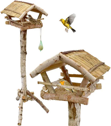 Vogelhaus aus Birkenholz 132cm Vogelfutterhaus Futterhaus Vogel Ständer Reetdach