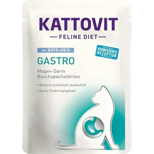 KATTOVIT - Gastro Nassfutter für Katzen | Unterstützung des Magen-Darm-Systems | Diät-Alleinfuttermittel im Frischebeutel für Ausgewachsene | 85 g Ente Mit Reis
