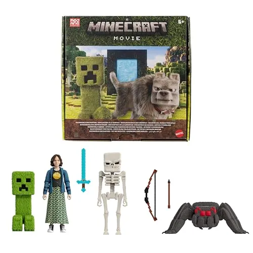 Mattel Minecraft Geschichtenset mit 4 Actionfiguren - Actionfiguren für Kinder, inklusive 4 Figuren und 3 Zubehörteilen für spannende Abenteuer in der Oberwelt, inspiriert von Ein Minecraft Film.