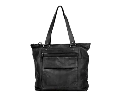 Spikes & Sparrow Shopper aus echtem Leder in Schwarz - Handtasche aus hochwertigem Echtleder mit vintage Optik, ideal für Laptop und Tablet bis 17 Zoll, inklusive abnehmbarem Schulterriemen und praktischem Reißverschluss.