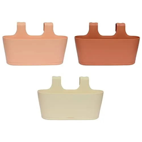 Engelland 3 x Blumenkasten zum Auf-Hängen, Farbmix: Apricot, Rotbraun, Beige, Blumentopf, oval, Balkon, Übertopf, Pflanzkasten, mit Wasserspeicher/Wasserauffangschale