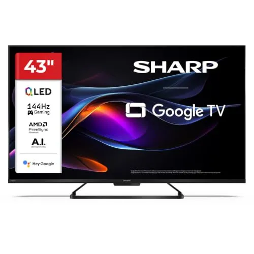 SHARP 43HR7365E 43 Zoll 4K Ultra HD QLED Google TV, 144 Hz | Dolby Vision IQ mit Lichtsensor, Dolby Atmos, DTS:X, AQUOS Wireless Surround sowie HDMI mit VRR, ALLM und eARC.