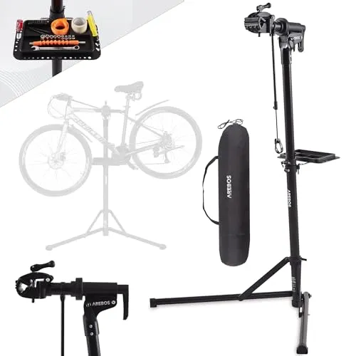 Arebos Fahrrad-Montageständer AR-HE-FMS2S - Höhenverstellbarer Fahrrad-Montageständer für E-Bikes, bis 30kg belastbar, 360° drehbar und mit magnetischer Werkzeugablage, ideal für Werkstatt und Hobby.