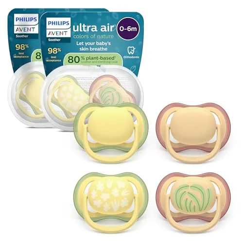Philips Avent ultra air Schnuller – kiefergerecht geformtes Design, für Babys, 0–6 Monate, weicher, symmetrischer Silikonsauger, BPA-frei, 2 Sterilisationsbehälter, 4er-Pack, SCF087/21