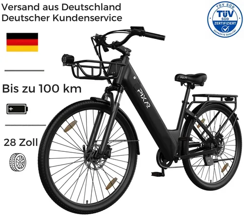 PIXAR C1 Pro Pedelec 28 Zoll mit 36V 18Ah Akku - Leistungsstarkes E-Bike für lange Strecken: Mit bis zu 150 km Reichweite pro Ladung und effizientem 250W Motor. Ideal für Pendler und Touren. Robustes Design mit komfortabler Federung und Shimano 7-Gang-Schaltung.