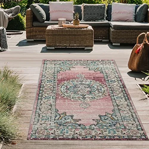 Teppich-Traum orientalischer Vintage LÄUFER für In- & Outdoor buntes Blumenmotiv rosa Größe 80x150 cm
