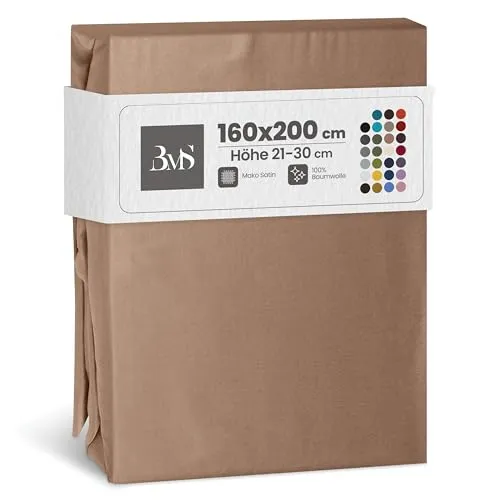 Bettwaesche-mit-Stil Mako Satin Spannbettlaken Spannlaken Spannbetttuch (160 cm x 200 cm, Matratzenhhöhe 21-30cm, Hellbraun)