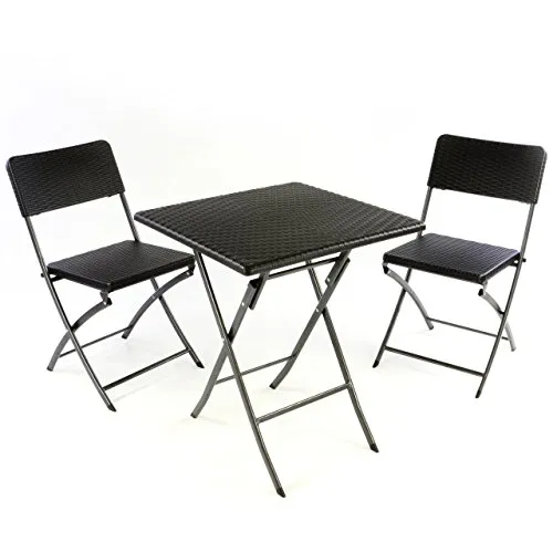 Nexos 3er Set Garnitur Tischset mit 2 Stühlen 1 Tisch Balkonset in Rattan-Optik Schwarz Bistroset klappbar Garten Terrasse Balkon Kunststoff Metallgestell Robust Wetterfest Stabil Pflegeleicht