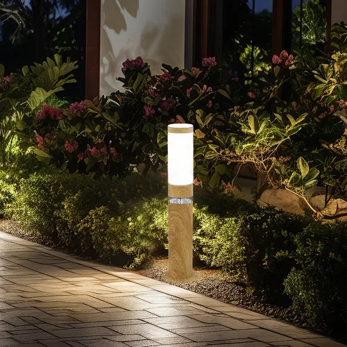 Standleuchte Sockelleuchte Außen rund aus Edelstahl in Holzoptik - Lampen für den Außenbereich, stilvolles Design mit individueller Lichtfarbe dank E27-Fassung. Inklusive fest verbauter Deko-LED für warmweißes Licht.