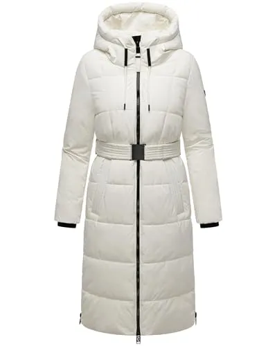 Navahoo Damen Langer Wintermantel Steppmantel mit Kapuze und Taillengürtel Off White Gr. XS - Stylischer langer Wintermantel mit warmem Futter und taillierendem Gürtel. Ideal für urbane Looks und winterliche Spaziergänge. Wasserabweisend und pflegeleicht – ein Must-have für die kalte Jahreszeit.