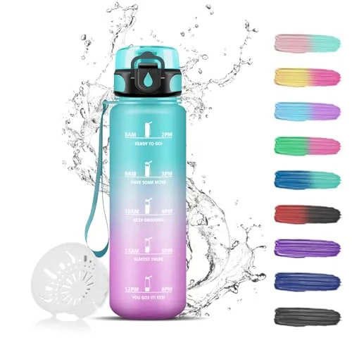 Grsta Trinkflasche Kinder mit Filter, Sport Wasserflasche 500ml mit Motivierendem Slogan, Trinkflasche Auslaufsicher, Kann mit Dir Tragen, für Schule, Yoga, Outdoor, Wandern, Running, Grün-Rosa