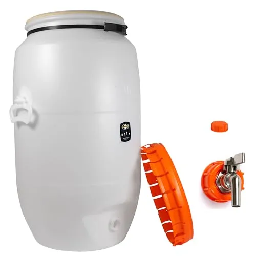 Lebensmittelechtes Getränkefass Mostfass Gärfass (120 Liter rund mit Messing-Auslaufhahn)