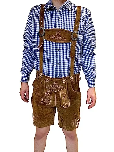 Dretaild Herren Lederhose Tracht Kurz mit Hosenträgern - Premium Trachtenlederhose aus 100% Rindleder, perfekt für Oktoberfest. Hoher Tragekomfort und stilvolle Hosenträger vereinen Tradition und modernes Design.