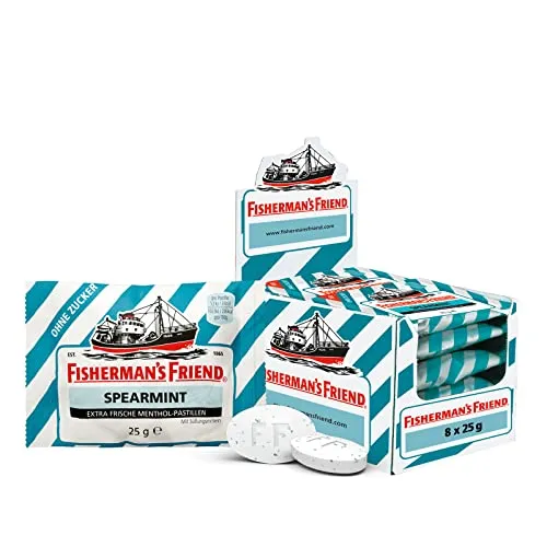 Fisherman’s Friend Spearmint 8er Box - Fruchtgummis/Lakritze – Zuckerfreie und vegane Bonbons mit starkem Spearmint- und Mentholgeschmack für langanhaltende Atemfrische, ideal für unterwegs!