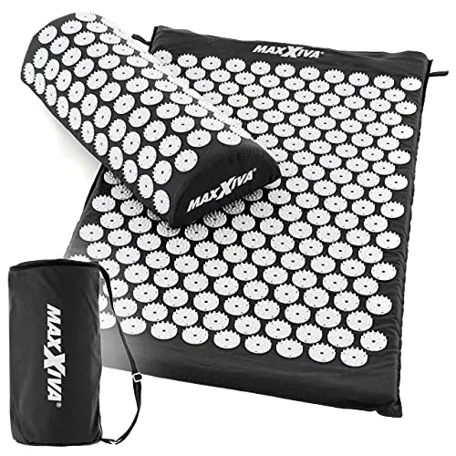 MAXXIVA® Akupressurmatte Set 75 x 42 cm mit Kissen mit Tragetasche Yantramatte Fakirmatte Durchblutung Massage (Schwarz)