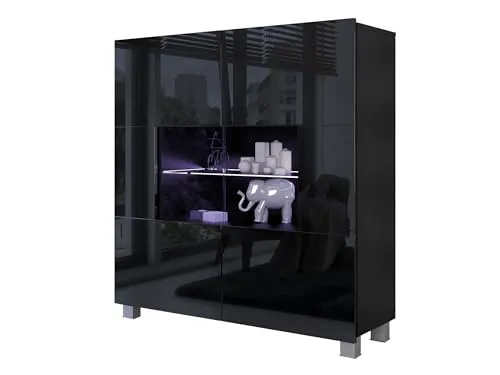 Mirjan24 Kommode Calabrini BR01 mit 2 Türen, Sideboard, Anrichte, 100x107x35 cm, Highboard, Mehrzweckschrank, Wohnzimmer (Schwarz/Schwarz Hochglanz, mit Blauer LED Beleuchtung)