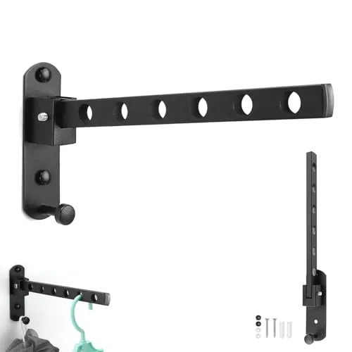 HJIAMA Klappbare Kleiderstange Wandmontage, 90° Drehbar, Schwarz, Mit Haken, Für Wäscheständer im Innen- und Außenbereich – Ideal für Balkone, Badezimmer und Hotels