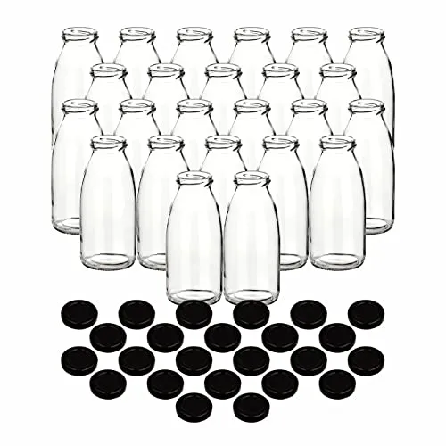 gouveo 24er Set Saftflasche 250 ml mit Schraubdeckel schwarz - Glasflasche 0,25 l mit TO43 Verschluss - Leere Flasche für Saft, Smoothie, Limonade (SF250SZ)