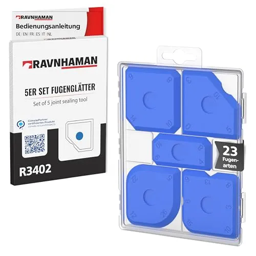 RAVN HAMAN 5er Set Fugenglätter Blau - Fugenwerkzeug mit 23 verschiedenen Formen - Fugen-Spachtel zum Verfugen z.B. mit Silikon & Acryl - Fugenabzieher inkl. Aufbewahrungsbox