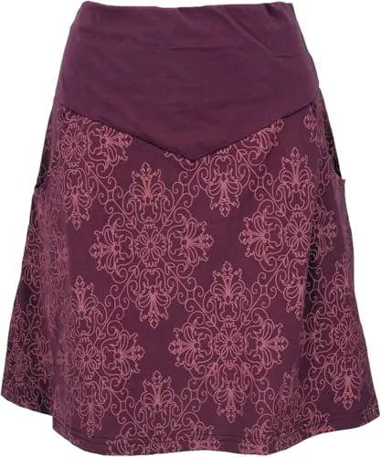 GURU SHOP Minirock aus Bio-Baumwolle - Boho Tellerrock in Bordeaux für Damen, Größe S - Luftiger Boho-Rock mit dezentem Druck und praktischen Taschen. Der elastische Bund sorgt für hohen Tragekomfort und eine perfekte Passform.