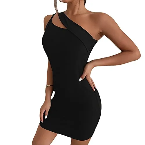BKEPDY Damen One Shoulder Ausgehöhlter Ärmellos Minikleid Bodycon Kleid Kurz Sommerkleid Asymmetrischer Partykleid Abendkleid Elegant Freizeitkleid Cocktailkleid Schulterfrei für Party Club