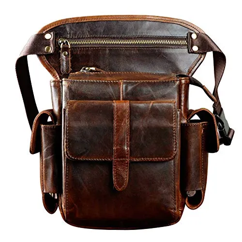 Le'aokuu Herren Echtes Leder Hüfttasche Gürteltasche Bauchtasche Reißverschluss Motorrad Messenger Pack Schultertasche 913-5 (A2 Kaffeebraun)