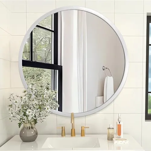 AOAOPQ Spiegel für das Badezimmer, runder Spiegel für die Wand, Eitelkeitsspiegel, 20 Zoll Sliver Metall gerahmt Kreis Anti-Rost Spiegel Wand für Eingang, Bad, Wohnzimmer montiert