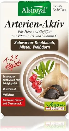 Alsiroyal Schwarzer Knoblauch (30 Kapseln) mit S-Allylcystein – 22.500mg pro Tagesdosis von 2 Kapseln (45:1 Extrakt) – Mistel & Weißdorn, Vitamin B1 & Vitamin C – Vegan & ohne künstliche Zusatzstoffe