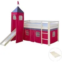 Homestyle4u Hochbett 90x200 mit Rutsche und Turm in Weiß - Hochbett für Kinder mit Rutsche, Turm und abnehmbarem Stoffvorhang in Pink. Bietet viel Platz im Zimmer und regt die Fantasie an. Ideal für Abenteuer im eigenen Reich!